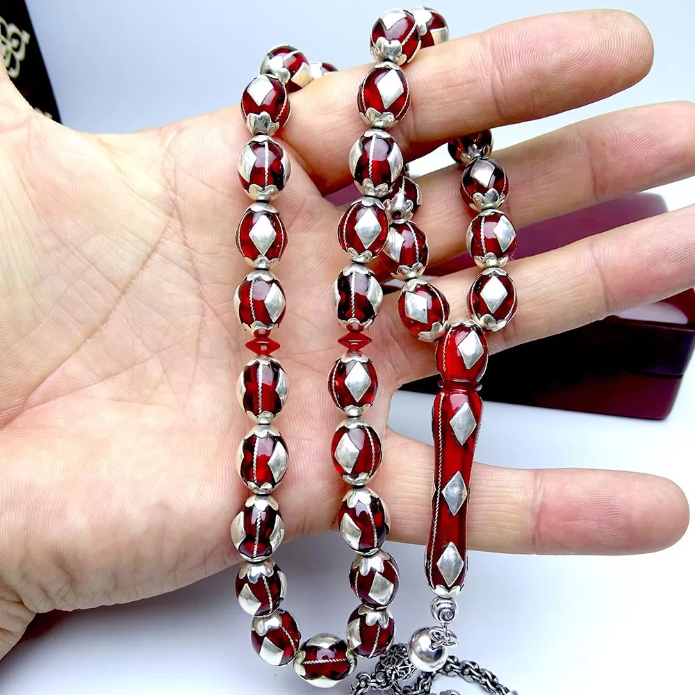 925 Ayar Gümüş Kafes Model Kehribar Tesbih