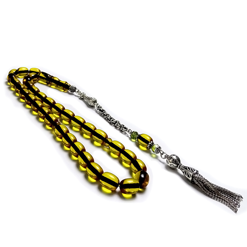 Bafon Tasarımlı Sarı Renk Sıkma Kehribarı Tesbih