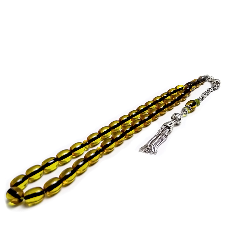 Bafon Tasarımlı Sarı Renk Sıkma Kehribarı Tesbih