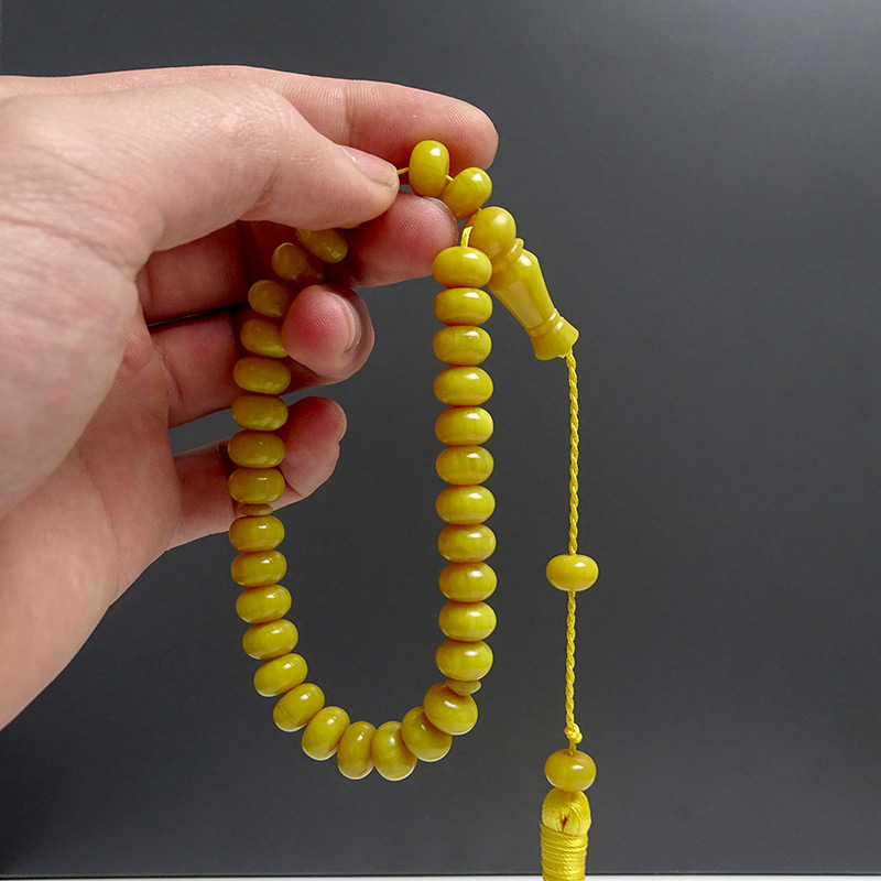 Bilek Boy Örgü Tasarımlı Basık Model Sarı Renk Kehribar Tesbih 