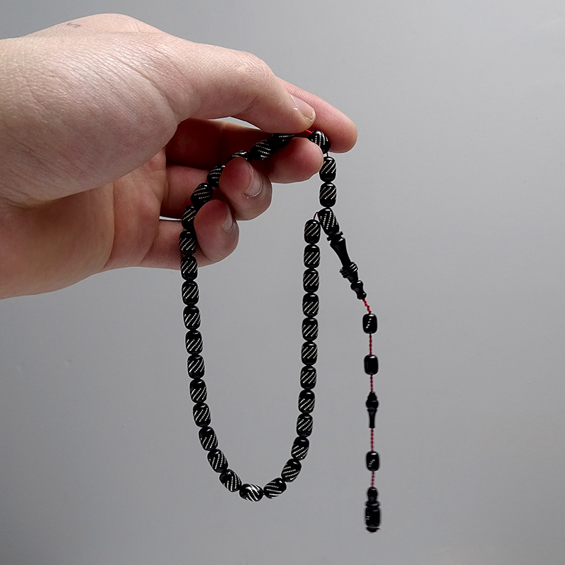 Çeşmi Bülbül İşlemeli Siyah Renk Ateş Kehribarı Tesbih 