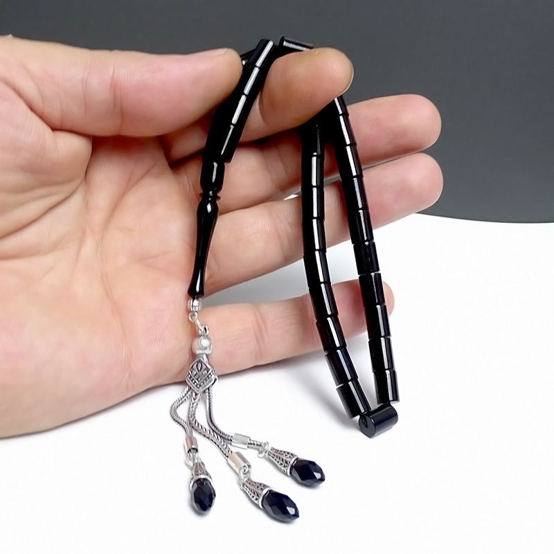 Erzurum Oltu Taşı Tesbih Kumpaslı 6,5x9,5mm Kesme Model Borulu İmame Gümüş Püsküllü