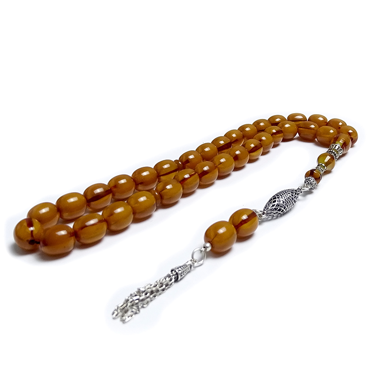 Eskitme Kesim Gümüş Tasarımlı Eskitme Sıkma Kehribarı Tesbih 