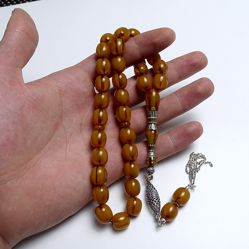 Eskitme Kesim Gümüş Tasarımlı Eskitme Sıkma Kehribarı Tesbih 