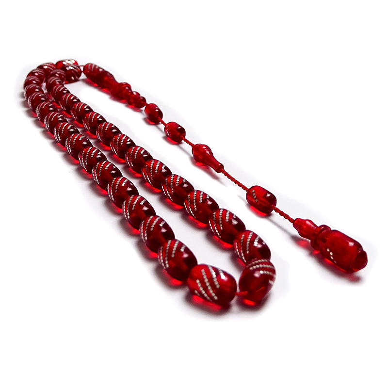 Gümüş Çakımlı Kapsul Kesim Kırmızı Renk Kehribar Tesbih 