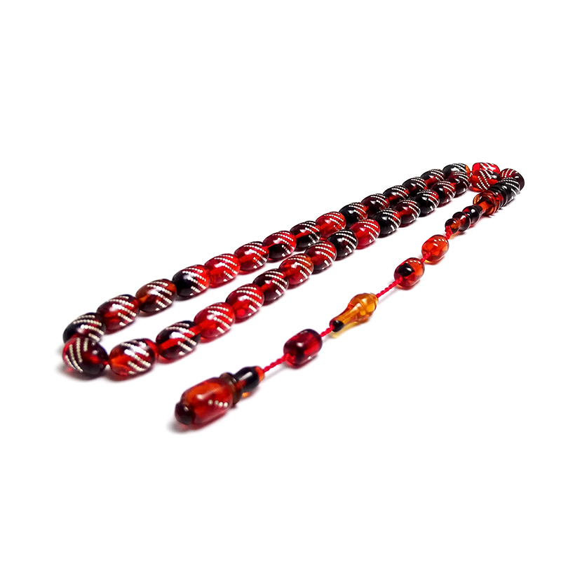 Gümüş Çakımlı Turuncu Siyah Renk Kehribar Tesbih 