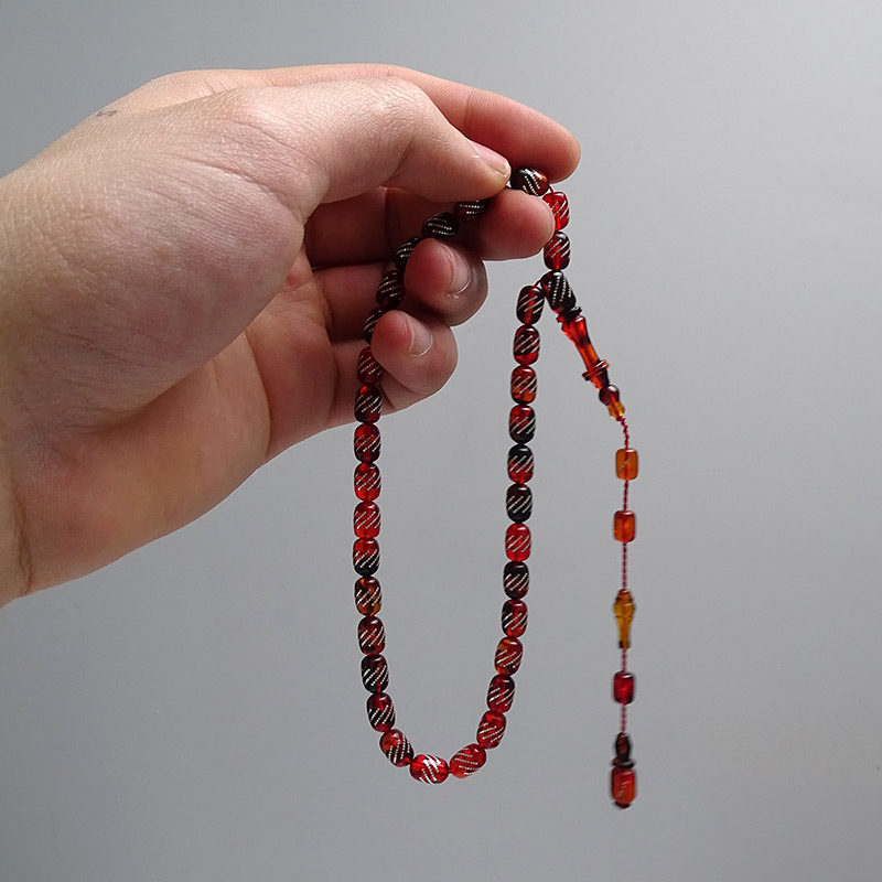 Gümüş Çakımlı Turuncu Siyah Renk Kehribar Tesbih 