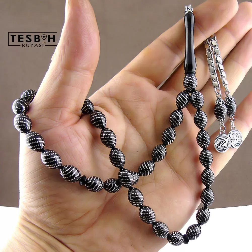 Gümüş Çeşmi İşlemeli Erzurum Oltu Taşı Tesbih