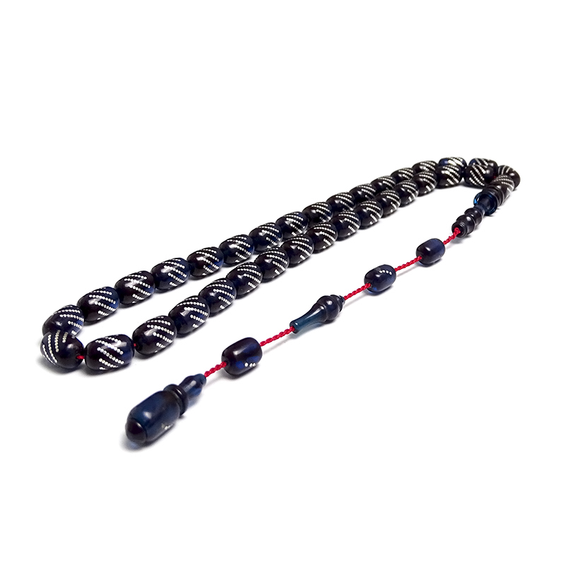 gümüş işlemeli prlmnt mavisi kehribar tesbih 