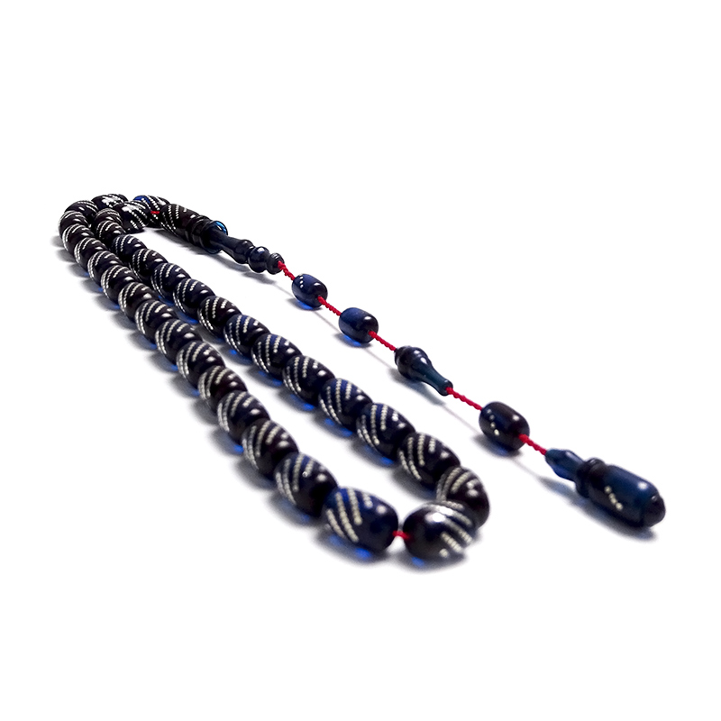 gümüş işlemeli prlmnt mavisi kehribar tesbih 