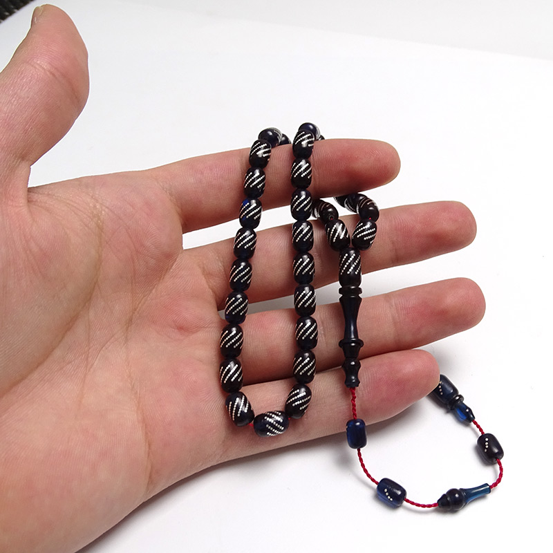 gümüş işlemeli prlmnt mavisi kehribar tesbih 