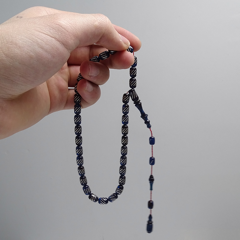 gümüş işlemeli prlmnt mavisi kehribar tesbih 