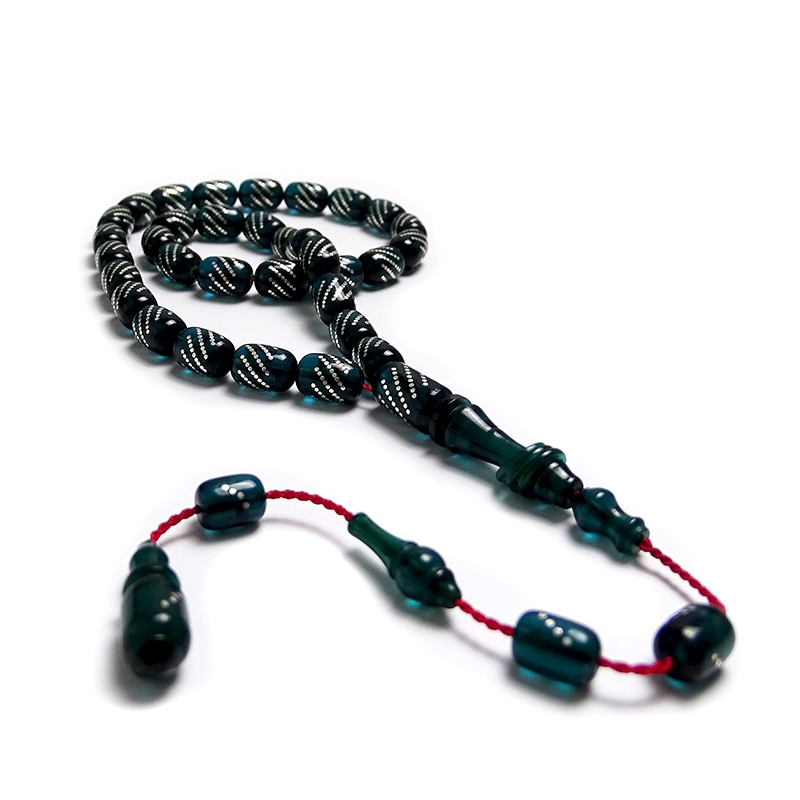 Gümüş İşlemeli Su Yeşili Renkte Kapsul Kesim Kehribar Tesbih 