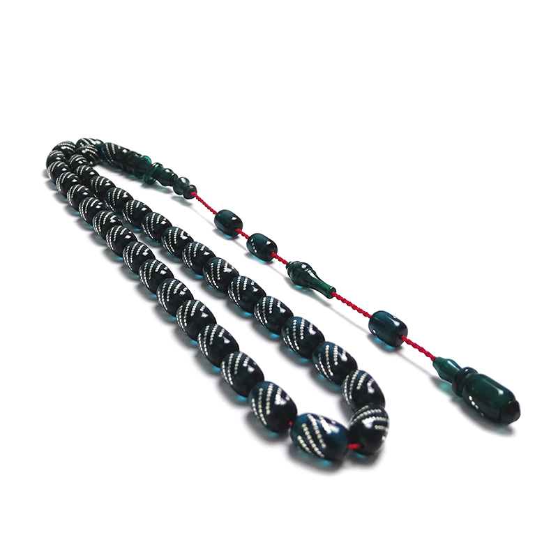 Gümüş İşlemeli Su Yeşili Renkte Kapsul Kesim Kehribar Tesbih 