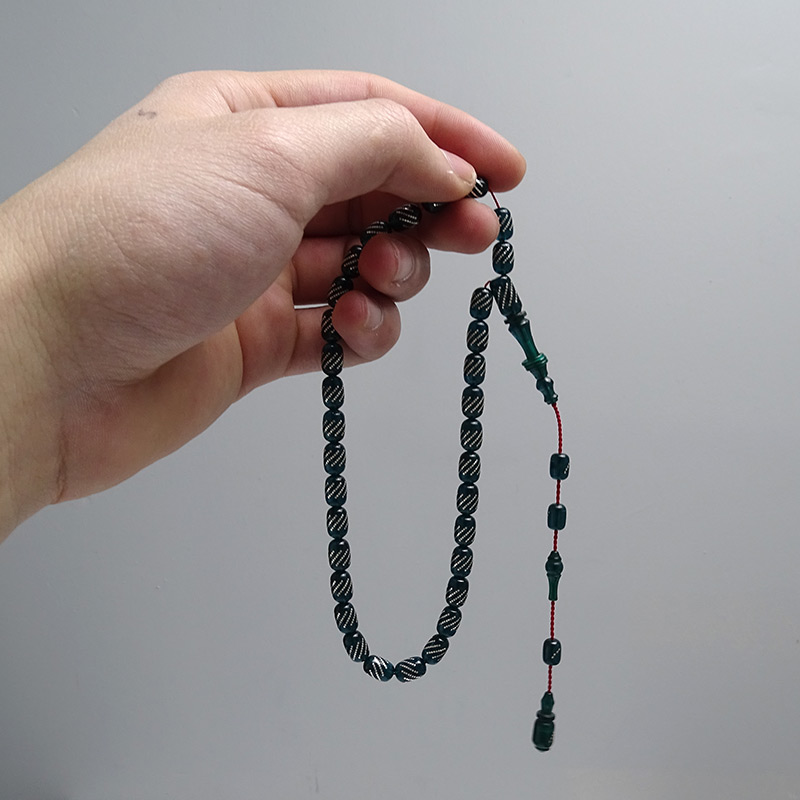 Gümüş İşlemeli Su Yeşili Renkte Kapsul Kesim Kehribar Tesbih 