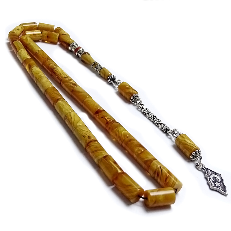 Gümüş Nakkaş İmame Ve Gümüş Püsküllü Hareli Eskitme Sıkma Kehribar Tesbih