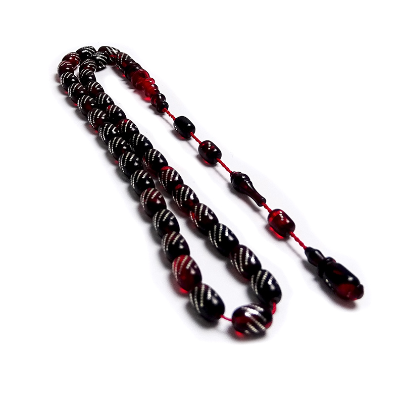 Gümüş Nokta  İşlemeli Çift renk Kehribar Tesbih