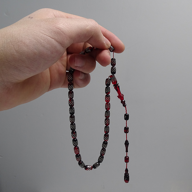 Gümüş Nokta  İşlemeli Çift renk Kehribar Tesbih