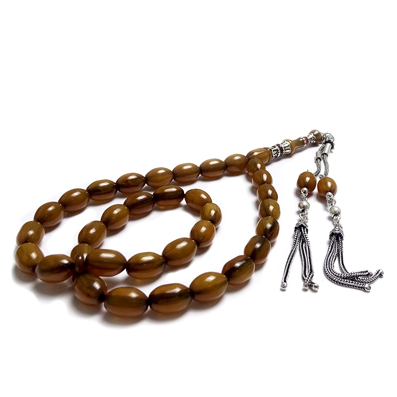 Gümüş Tasarımlı Badem Model Eskitm Sıkma Kehribarı Tesbih