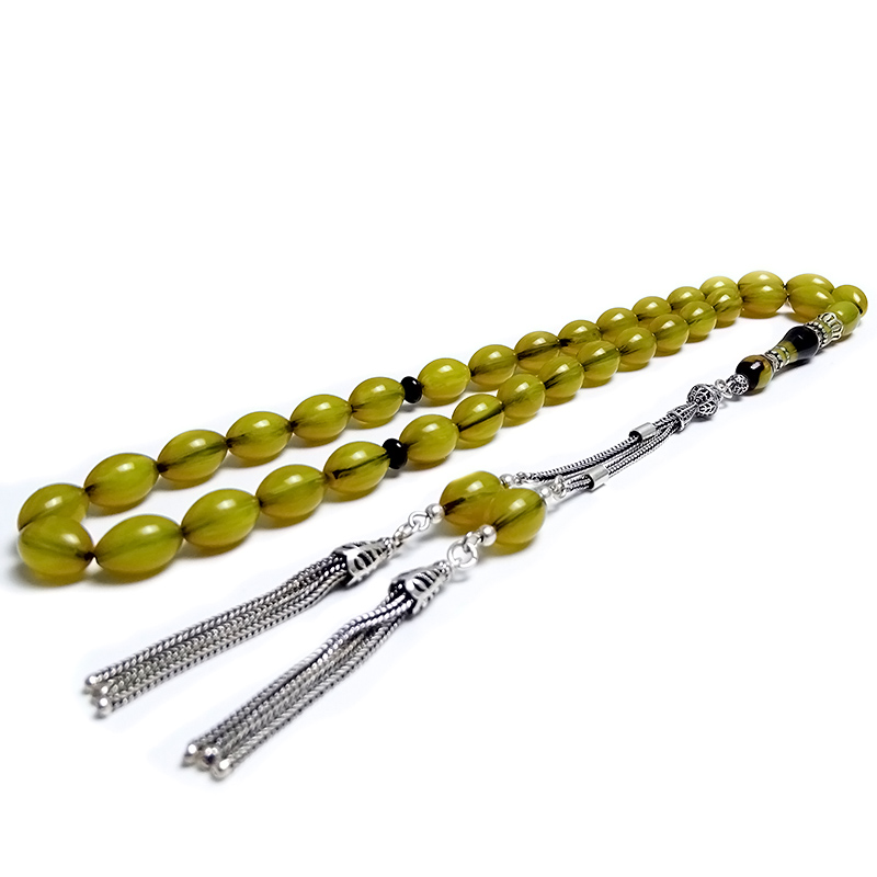 Gümüş Tasarımlı Beyzi Kesim Eskitme Sıkma Kehribarı Tesbih 