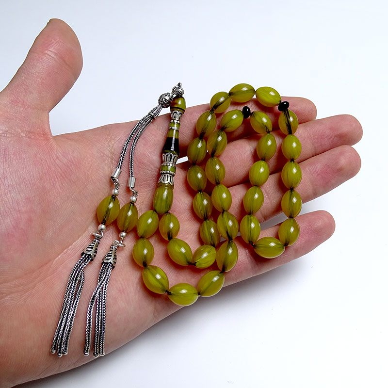 Gümüş Tasarımlı Beyzi Kesim Eskitme Sıkma Kehribarı Tesbih 