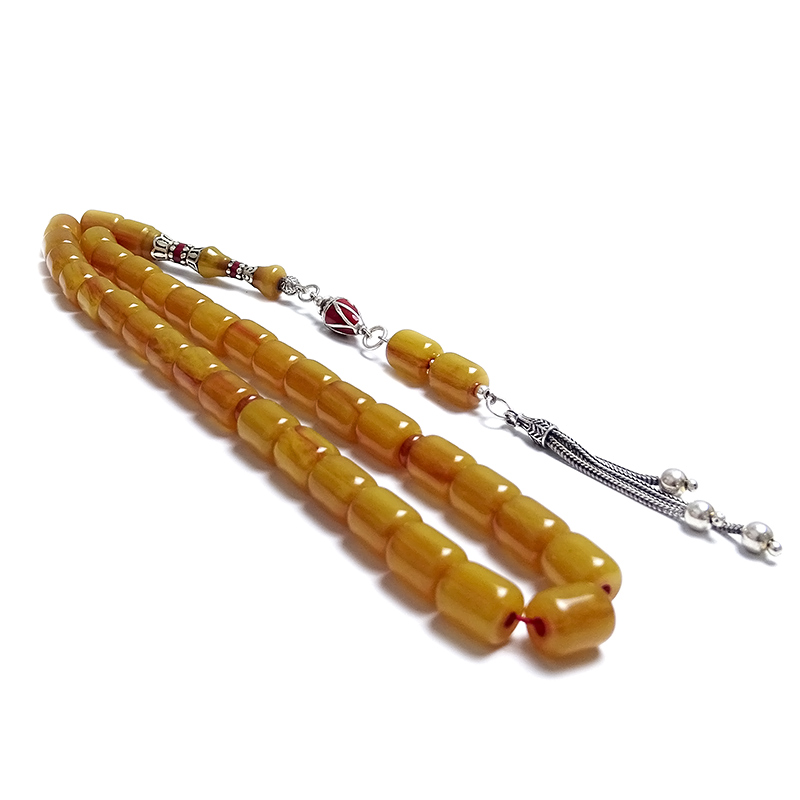 Gümüş Tasarımlı Kapsul Kesim Eskitme Sıkma Kehribar Tesbih 