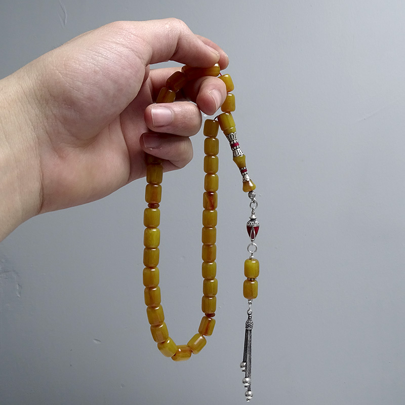 Gümüş Tasarımlı Kapsul Kesim Eskitme Sıkma Kehribar Tesbih 