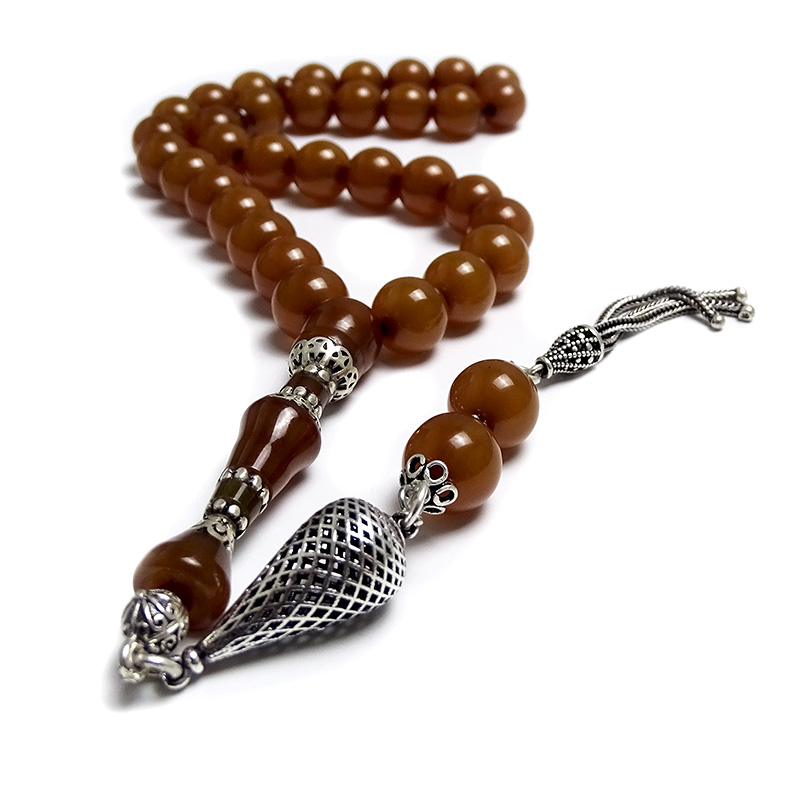 Gümüş Tasarımlı Misket Kesim Eskitme Sıkma Kehribarı Tesbih 