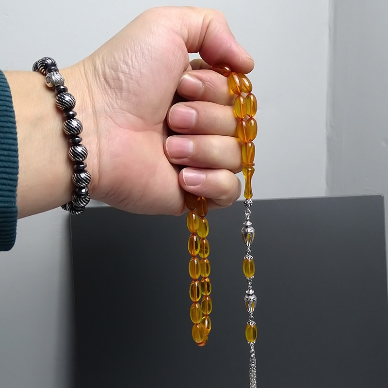 Kızılcık Kesim Sarı Ateş Kehribar Tesbih 7x13mm