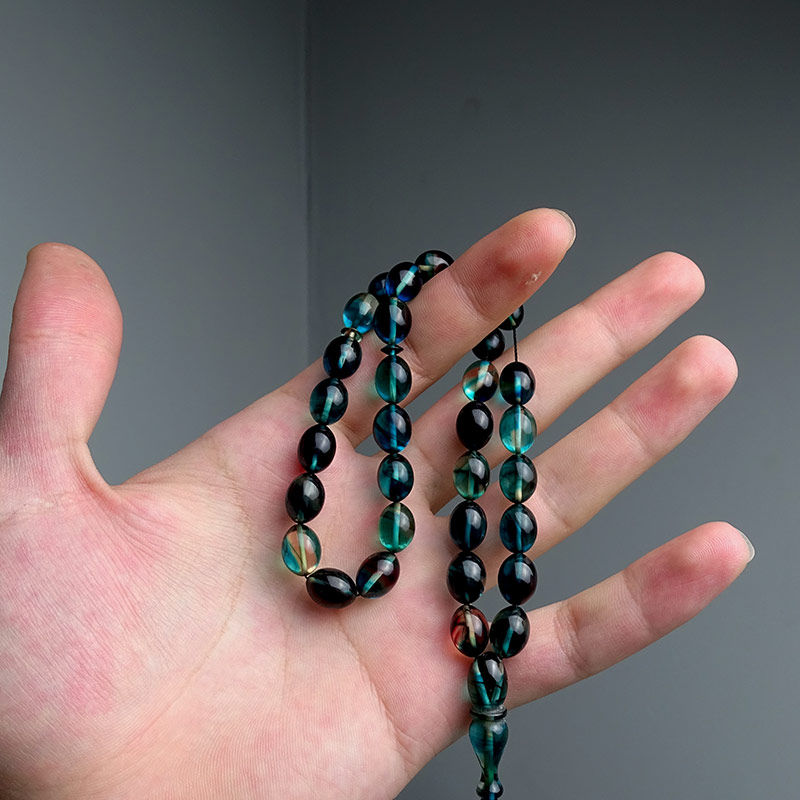 Mavi Tonlarında Sistemli Ateş Kehribarı Tesbih