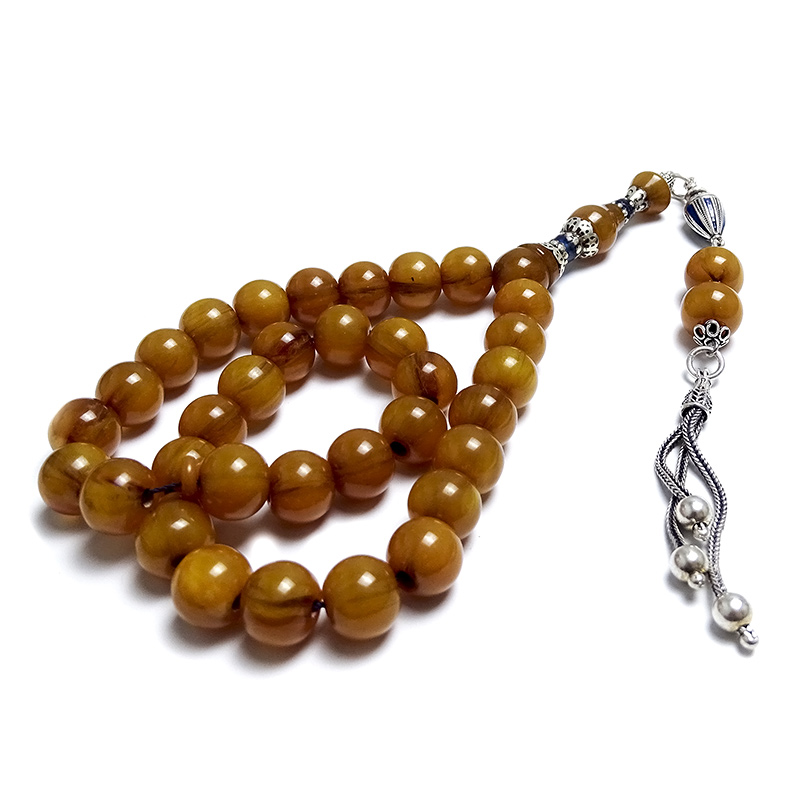 Misket Kesim Gümüş Nakkaş İmame ve Gümüş Püsküllü Eskitme Kehribarı Tesbih 