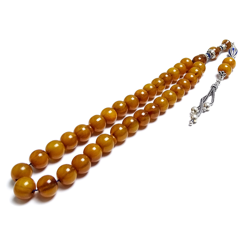 Misket Kesim Gümüş Nakkaş İmame ve Gümüş Püsküllü Eskitme Kehribarı Tesbih 