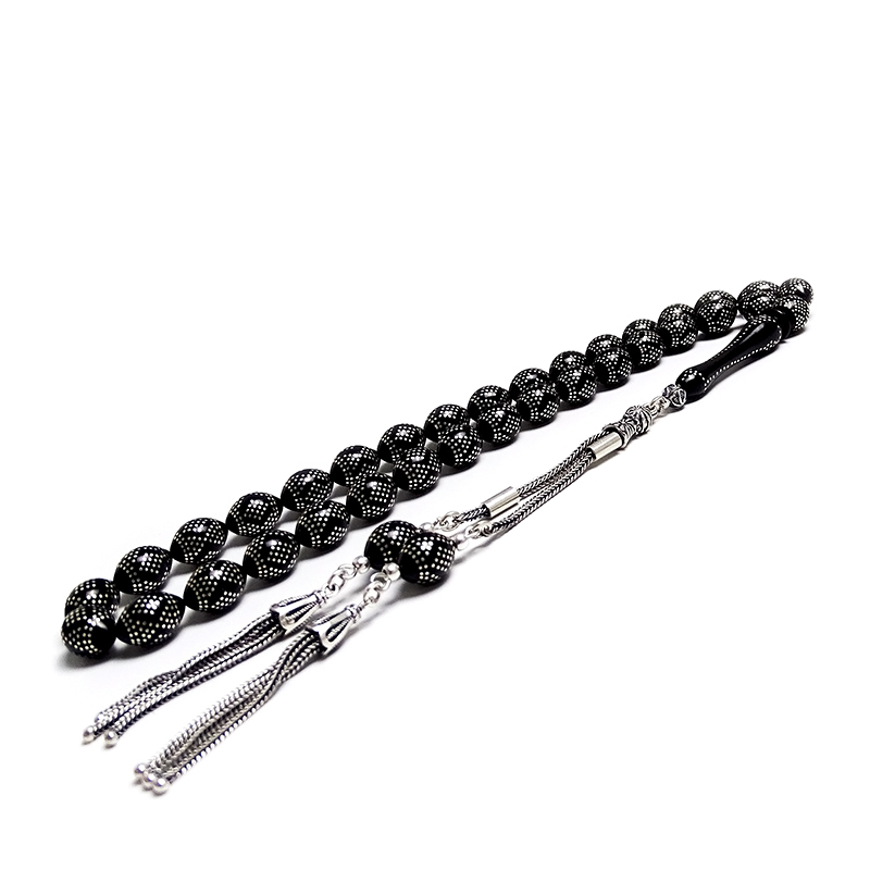 Piramit Ve Baklava Model Gümüş İşlemeli Kömür Karası Kehribar Tesbih