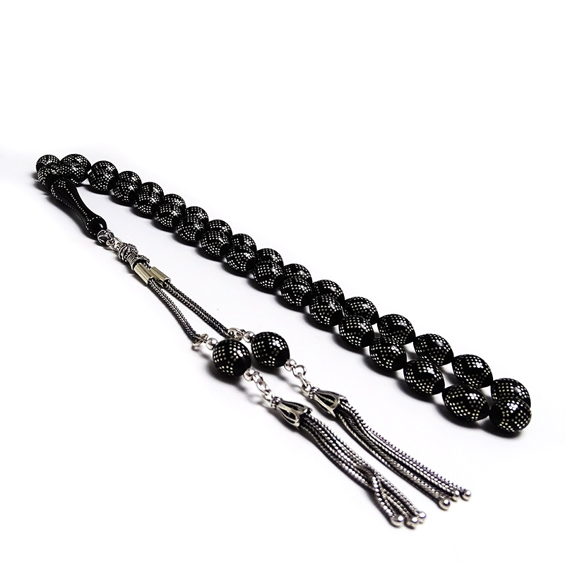 Piramit Ve Baklava Model Gümüş İşlemeli Kömür Karası Kehribar Tesbih