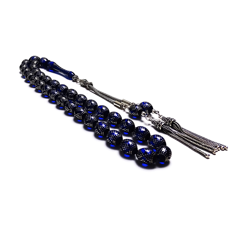 Piramit Ve Baklava Model Gümüş İşlemeli Mavi Renk Kehribar Tesbih