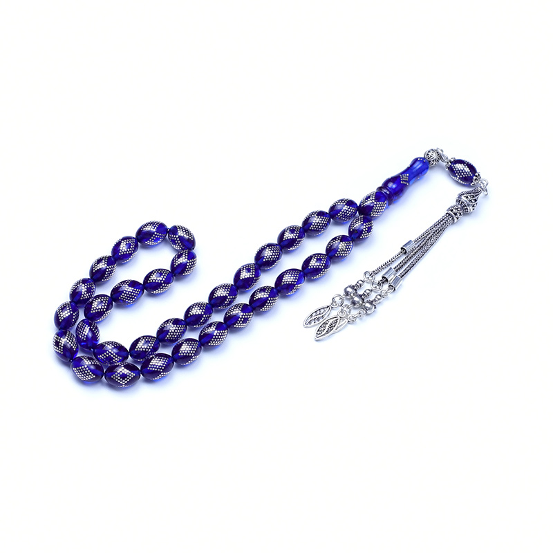 Safir Mavisi Gümüş İşlemeli Beyzi Model Kehribar Tesbih