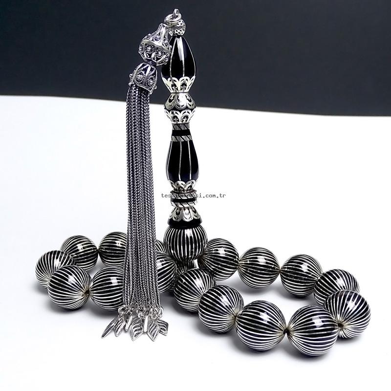 Handcrafted & Silver Engraved Erzurum Oltu Stone Prayer Beads