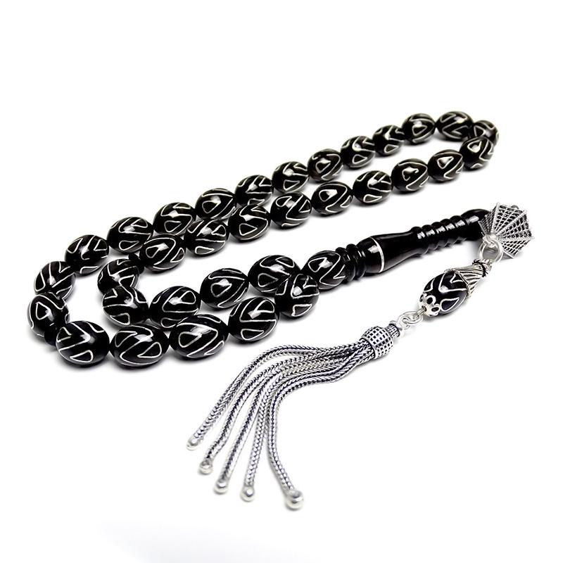 Silver Engraved Oltu Stone Prayer Beads
