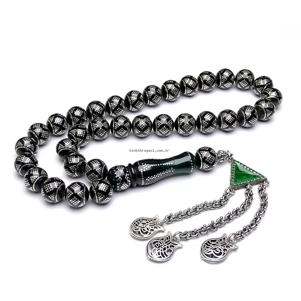 Silver Engraved Amber Prayer Beads