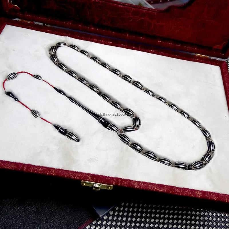 Silver Karpuz Dilim Engraved Erzurum Oltu Stone Prayer Beads