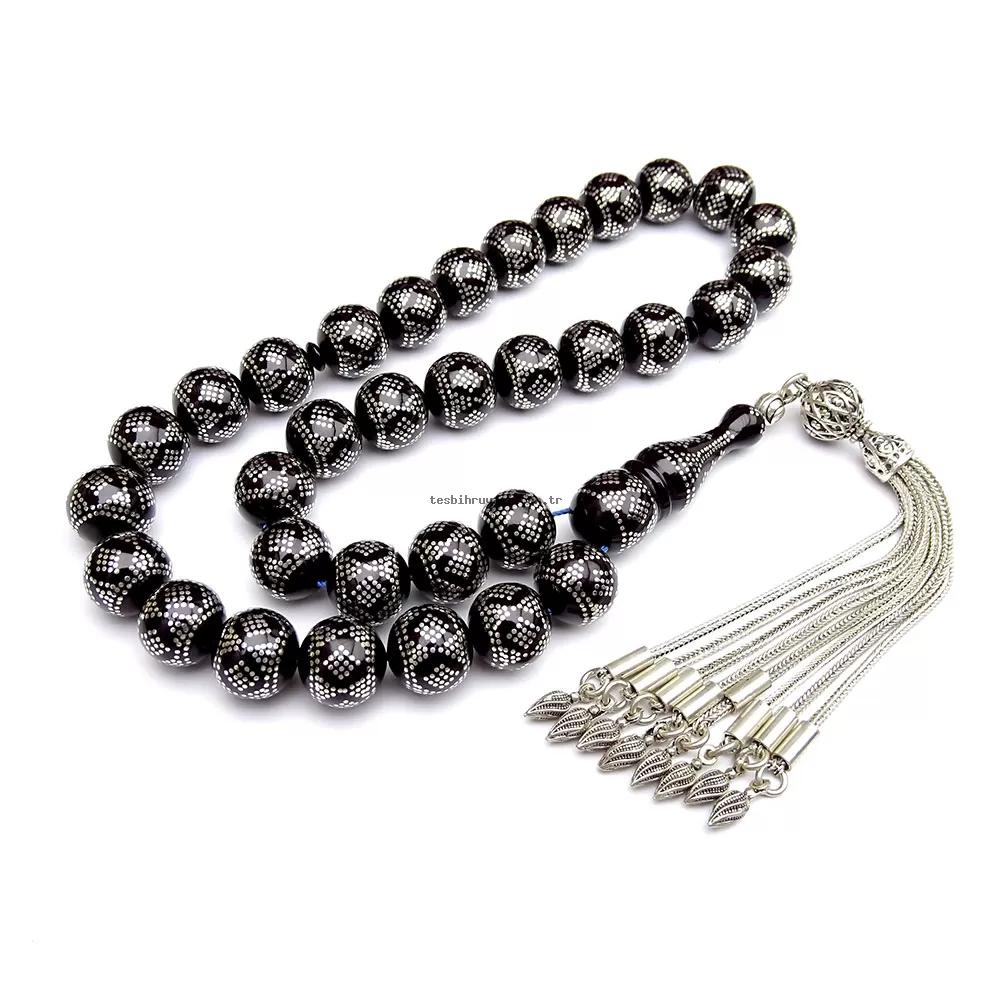 Silver Engraved Amber Prayer Beads